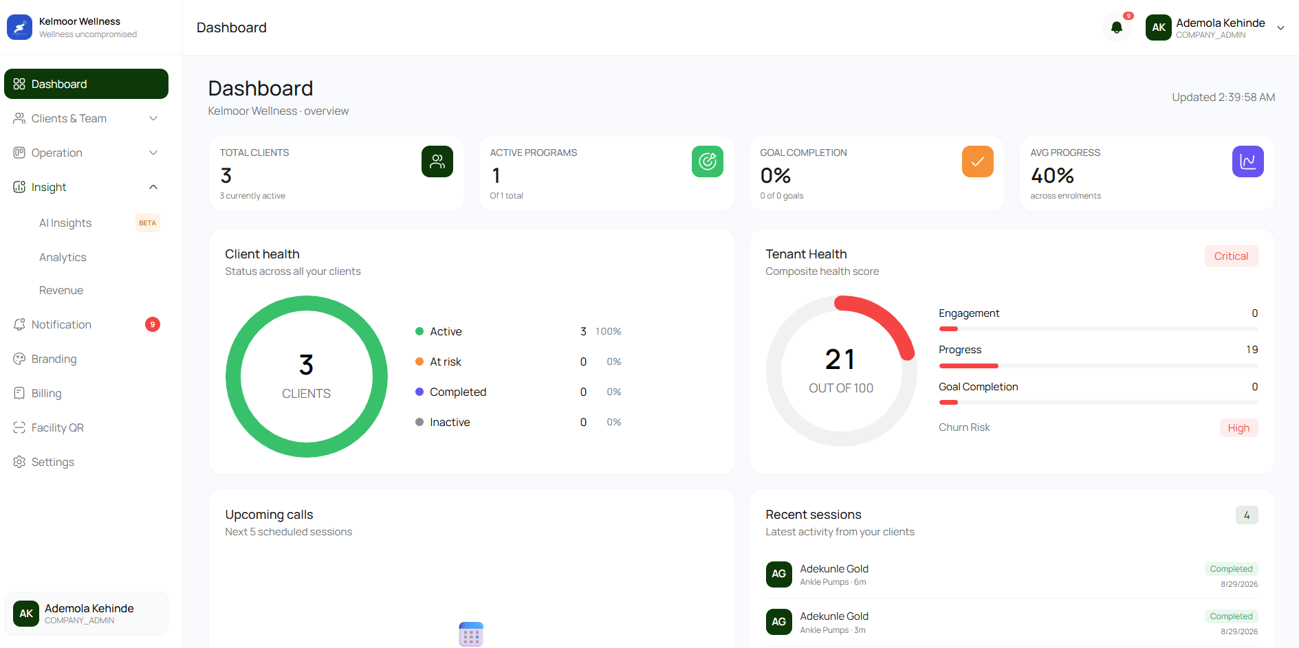 StrideWell company portal dashboard